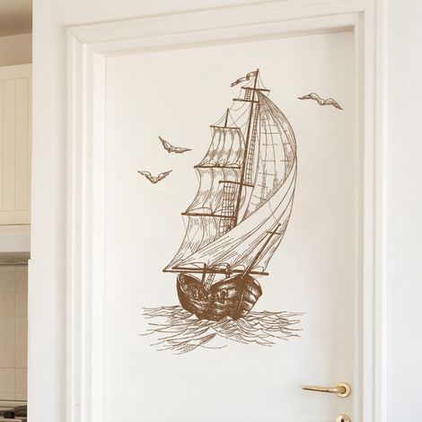 Lntyq Rétro mouettes voilier océan Autocollant Mural décalcomanie Amovible Vinyle Art Mural décalcomanie pour Chambre Salon Art peintures murales décor