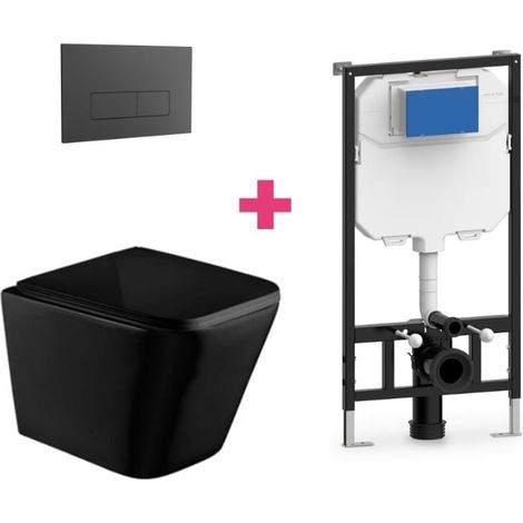 PACK inodoro suspendido cerámica PISA negro mate con cisterna y pulsador Negro rectangular