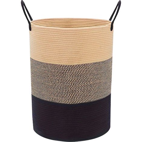 Wäschekorb Geflochten mit Henkel, 58L Faltbar Geflochten Wäschesammler Baumwolle Seil Korb, Großer Vielseitiger Aufbewahrungskorb für Wohnzimmer und Schlafzimmer,38x50 cm - Braun & Schwarz (1/5)