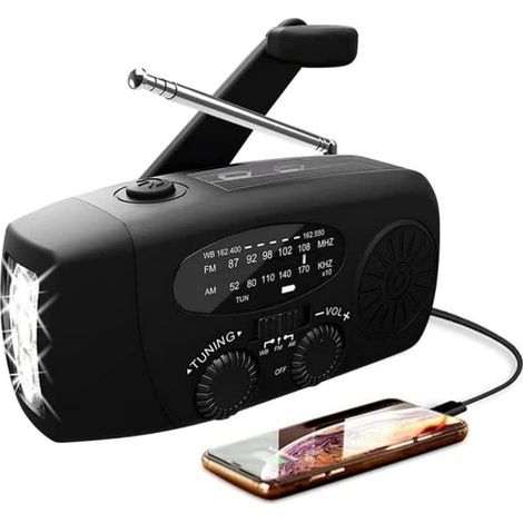 Filiyano – chargeur solaire – Radio à manivelle et chargeur solaire / Radio d'urgence et batterie externe (noire) Radio à manivelle uniquement