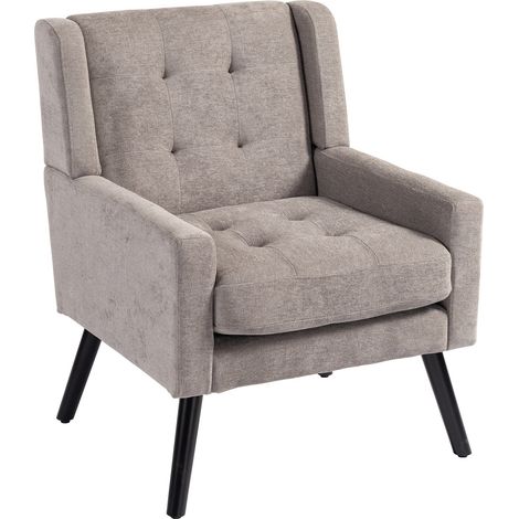 Gepolsterter Sessel mit Knöpfen, hellgrauer Stoff, Mid-Century-Stil, MODENUIT (1/5)