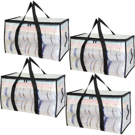 Lot de 4 Grand Sac Rangement Vetement 90L, Imperméable Sac Demenagement Pliable avec Couvercle Fermetures Éclair, Alternatives Aux Cartons de Déménagement, pour Camping Linge de Lit Vêtements