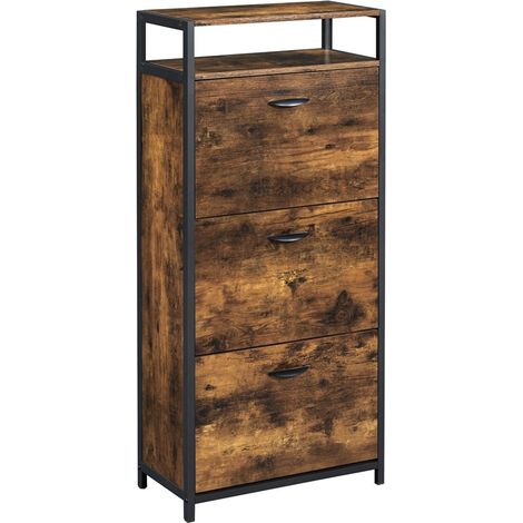 Zapatero con 3 abatibles mueble de entrada estante organizador con compartimento abierto divisores internos para 15-18 pares 130 cm marrón rústico y negro 120002632 (1/2)