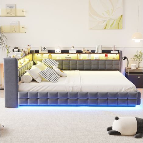 Cama sofá tapizada 140 x 200 cm con almacenaje hidráulico, LED y estantes, gris terciopelo (1/5)