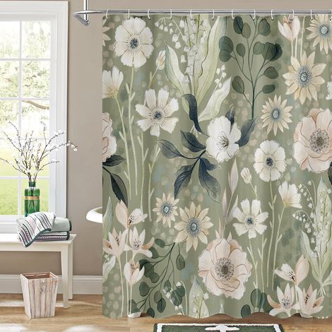 Filiyano-Rideau de douche à motifs floraux verts, rideaux de douche en tissu avec feuilles de plantes d'été pour une décoration de salle de bain chic (1/4)