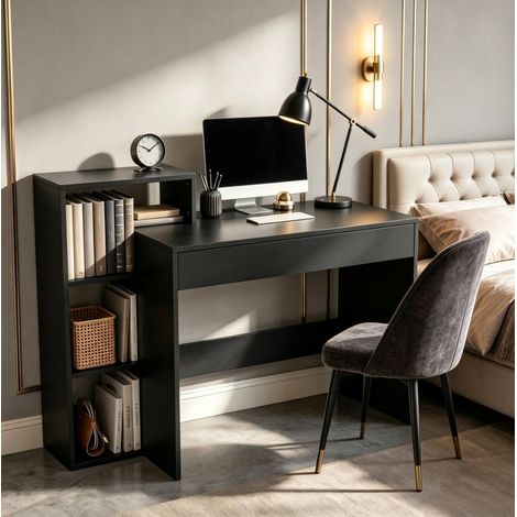 Bureau informatique 100x40x90 cm en panneaux de bois noir, avec rangement pour chambre FloraGrace (1/5)