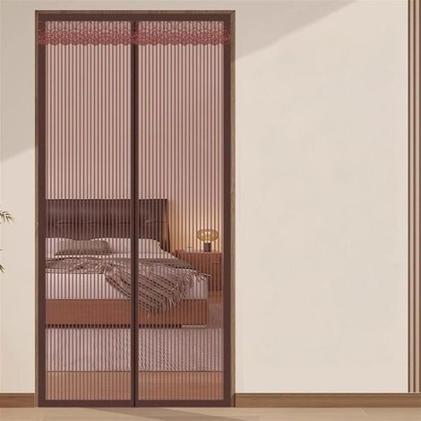Rideau magnétique automatique avec bande adhésive et kit d’installation – 120 x 220 cm, motif rayé brun (1/5)