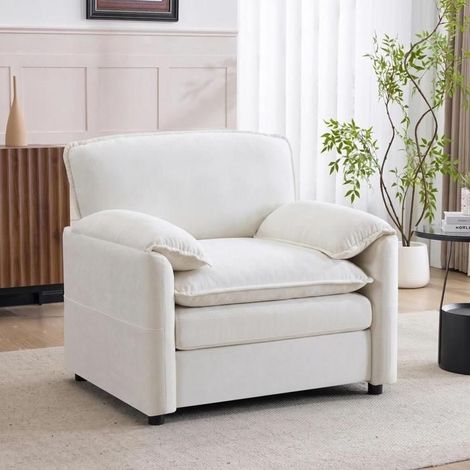Canapé 1 place - KOMHTOM - Vintage - Tissu chenille blanc - Poches latérales - 96 x 92 x 90 cm (1/5)