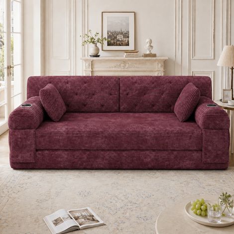 Sofá cama 168x80x81 cm rojo vino en pana con respaldo alto, 4 bolsillos laterales y 2 portavasos (1/5)