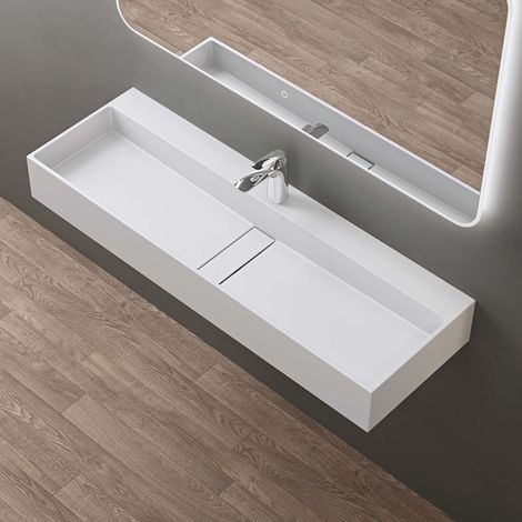 doporro Lavabo sobre encimera 120x40x14cm de diseño Colossum6028 lavabo en blanco de fundición mineral con 1 orificio para grifería (1/5)