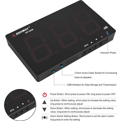 Professionelles Schallpegelmessgerät mit festen Alarmschwellen, tragbares digitales LCD-Dezibelmessgerät 30130 dB (1/4)
