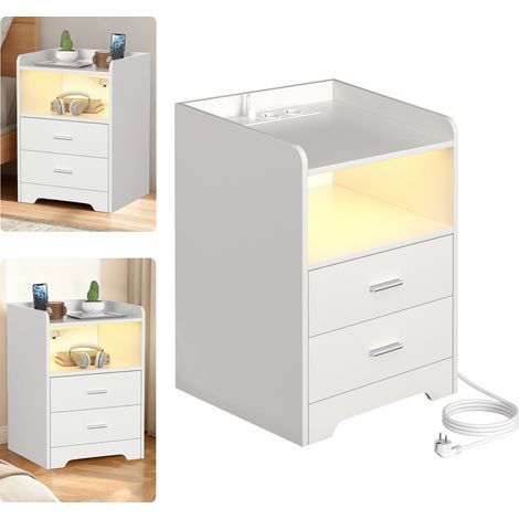 Wolketon Comodino con luce LED, tavolino da letto moderno per camera da letto, comodino con ripiano portaoggetti Bianco (1/5)