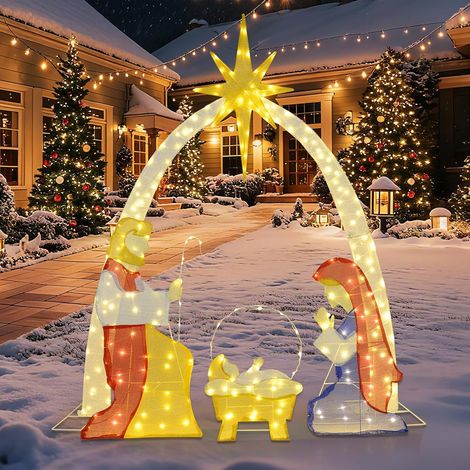 COSTWAY Ensemble de Crèche de Noël Lumineux 4 PCS, Sainte Famille, 240 Lumières LED Blanc Chaud, Decoration Exterieur Interieur, 15 Piquets de Sol, 34 Attaches, pour Jardin Cheminée Boutique