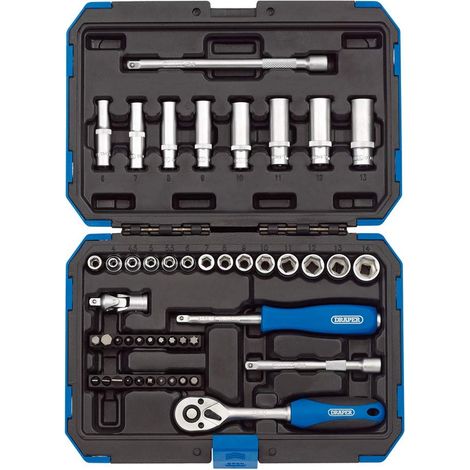 Draper 16355 Set di prese metriche con attacco quadrato da 1/4", colore: blu/nero