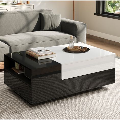 Tavolino da salotto 100 x 50 x 38 cm con 2 cassetti, vano laterale, nero e bianco HAVRYA (1/5)