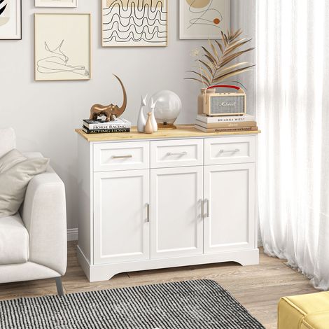 Buffet moderne MDF/carton particules - 101x39x82cm - 3 tiroirs - 3 portes - étagère réglable - blanc