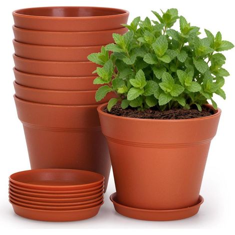 8er Set Blumentöpfe 10cm mit Untersetzer, Kunststoff Pflanztöpfe Klein für Kräuter & Kakteen (1/5)