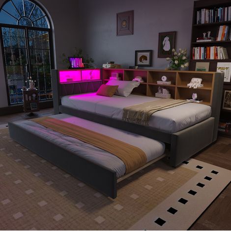 Cama nido tapizada con LED y USB gris oscuro OKMYHOME (1/5)