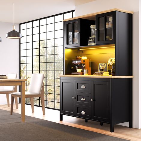 Aparador alto de cocina de MDF y metal 120x40x179 cm negro con LED, 4 puertas y 3 cajones (1/5)