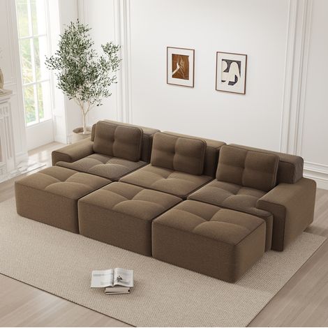 Divano angolare modulare in velluto a coste marrone, convertibile, 3 posti, 3 pouf (1/5)