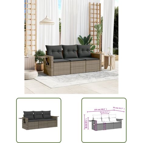 The Living Store 3-tlg. Garten-Sofagarnitur mit Kissen Grau Poly Rattan - Gartenmöbel - PE-Rattan Möbel - Outdoor Lounge Set - Rattan Sofas - Balkonmöbel (1/3)