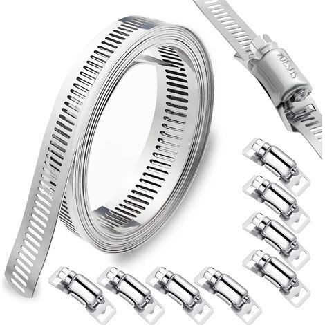 3m Collier de Serrage Inox 304 DIY Collier de Serrage Métallique Réglable Tuyau Clips Bande Perforée en Métal Équipé de 8 Pièces Fixation pour Tuyaux Gaz Eau Voiture Machine à Laver Jardin (1/5)