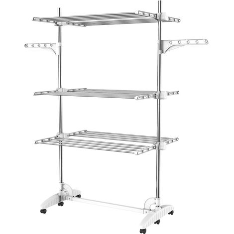 Todeco – Etendoir à linge 3 étagères – Tubes en acier inoxydable – Charge max 3 kg par barre – Dimensions déployé 87,9 x 66 x 145 cm