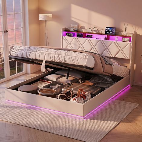 Lit adulte 160x200 cm avec sommier à lattes et coffre de rangement - tête de lit led rgb et chargement usb type-c - style moderne en lin beige (1/5)