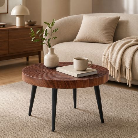 Tavolino da caffè rotondo 73.99x73.61x22.5 cm, piano spesso 5 cm, gambe in metallo nero, MDF color noce (1/5)