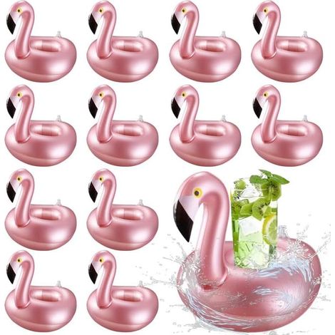 Lot de 12 porte-gobelets gonflables en forme de flamant rose, porte-gobelets flottants pour piscine, idéal pour une fête d'été à la plage ou à la piscine. (1/5)