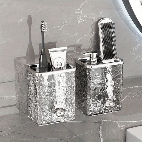 Lot de 2 boîtes de rangement gris murales, pour salle de bain et toilettes, transparent (à motif glacier et sans perforation) (1/5)