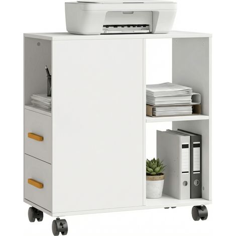 Druckerständer Druckertisch mit Verstellbar Ablage, Rollen für Fax Scanner 60 x 30 x 65 cm Weiß