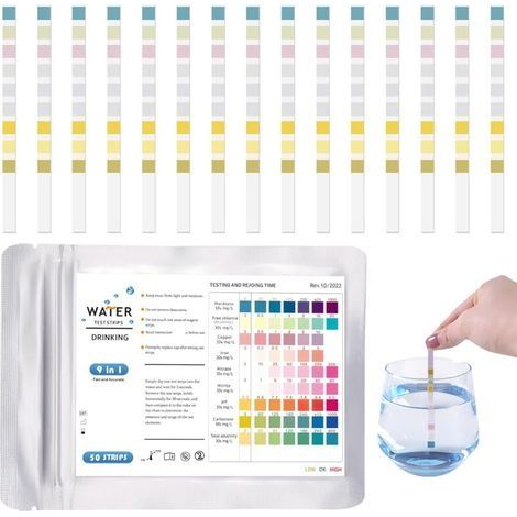 50Pcs 9 En 1 Test Eau Potable, Bandelettes de Test pH pour Eau de Piscine et Spa, Bandelette Testeur Dureté de L'eau pour Aquarium, Pool Teststreifen pour Analyse pH Nitrites Chlore Dureté Pisci (1/4)