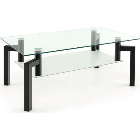 2-Tier Rectangular Glass Coffee Table with Metal Tube Legs-Black (1/5)