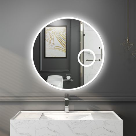 Aica Sanitarios Espejo de baño con luz LED,80 x 80 cm, luz con tres colores, brillo ajustable, antivaho, reloj digital , lupa 3x (1/5)