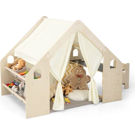 6 in 1 holz kinderzelt mit kindertisch stuhl matte tafel spielhaus 145 x 98 x 113 cm