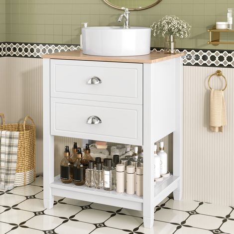 Meuble vasque 60x45x91 cm en MDF blanc et bois, avec rangement pour salle de bain FloraGrace (1/5)
