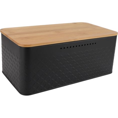 Boîte à pain bac de rangement avec couvercle en bambou trous d'aération à motif treillis grand volume rectangulaire garde-pain pour comptoir de cuisine noir (1/5)