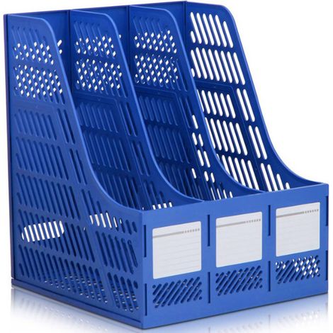 Classeur de bureau 3 compartiments, organiseur de documents et serre-livres en plastique bleu pour rangement sur table (1/5)