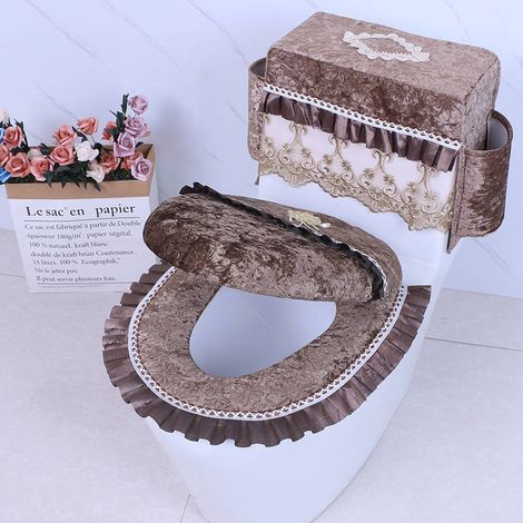 Set mit 3 braunen WC-Sitzbezügen – Spitze, weich, dick, waschbar, Toilettenmatten für Zuhause