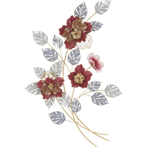 Pannello da parete Lovis in ferro con tre fiori rossi e foglie argento (1/5)