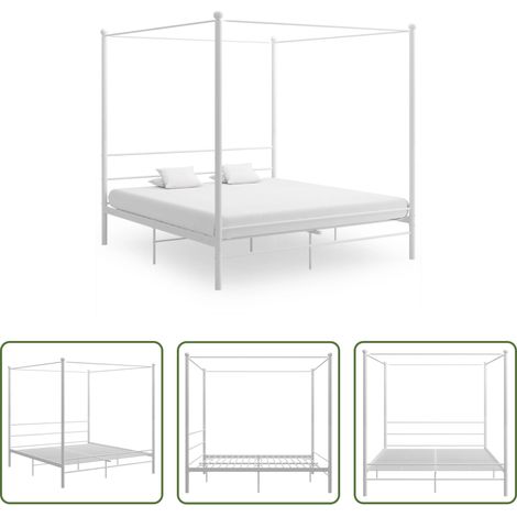 Rideau de lit -  Cadre de lit à baldaquin sans matelas blanc métal 200x200 cm (1/5)