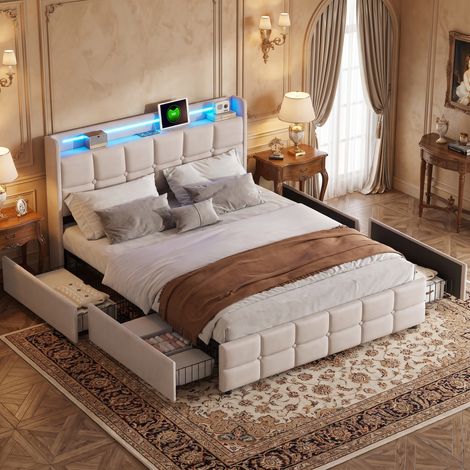 JOOKGBD‑Letto contenitore con 4 cassetti 140x190cm, rivestimento tessuto lino beige, testiera imbottita con illuminazione LED RGB e porte USB,struttura metallica robusta, per camera da letto moderna (1/5)