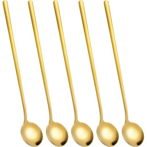 Lot de 4 cuillères à café dorées à long manche (17 cm), cuillères à expresso, cuillères à thé long, cuillères à thé glacé pour (1/5)