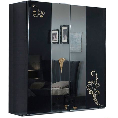 Grande armoire de chambre design 3 portes coulissantes bois laqué noir et doré Jade 270cm (1/4)