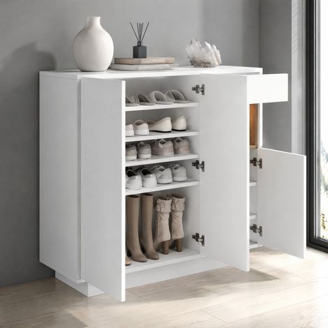 Mobile portascarpe con cassetto, ripiani regolabili, bianco e legno naturale HAVRYA (1/5)