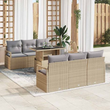 Gartensofa-set mit Kissen 7 pcs Beige und Hellgrau Poly-Rattan
