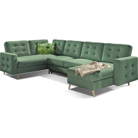 Canapé panoramique convertible ANSKA en tissu - Pieds bois naturel-Vert amande (1/5)