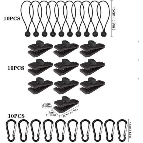 Set of 30 Clips for Tent Tarpaulin, 10pcs Tarpaulin Clamp Locking Clamp, 10pcs Elastic Rope for Tenda in Nylon, 10 Carabiners, for Tents, Camping, Awnings, Cover Tarps, Caravan (1/5)