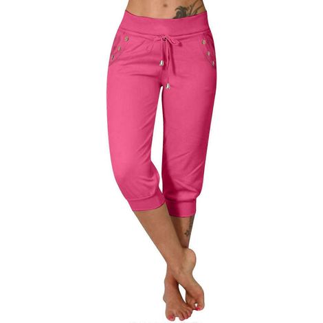 Sportliche Capri-Leggings mit hohem Bund, geeignet für Damen, atmungsaktives Material mit elastischem Bund, lässige Sporthose, rosarot, Größe XXL (1/5)